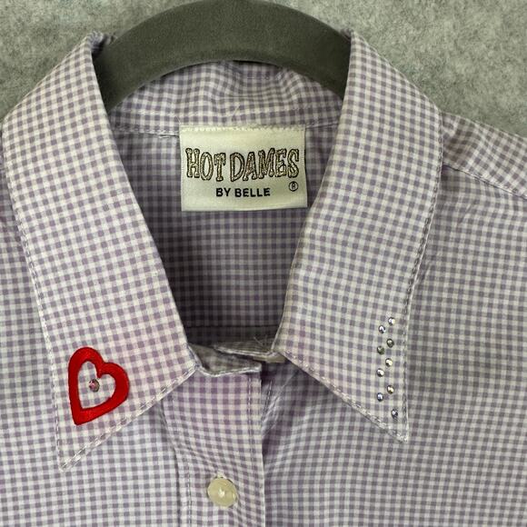 Hot Dames Red Hat Society Button Up Shirt Size M Gingham Purple Red Appliqué - Picture 3 of 8